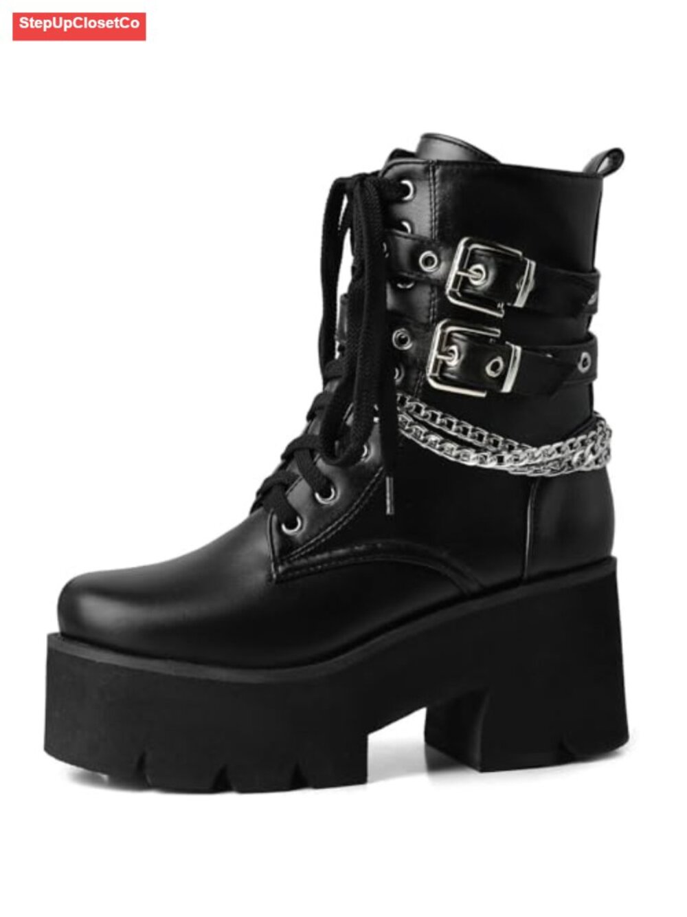 Chunky Platform Goth Ankle Boots Lace Up Synthetic Motorcycle Booties